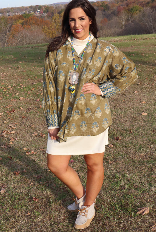 Peaceful Fields Button-Up Shirt - Olive Green with blue flowers