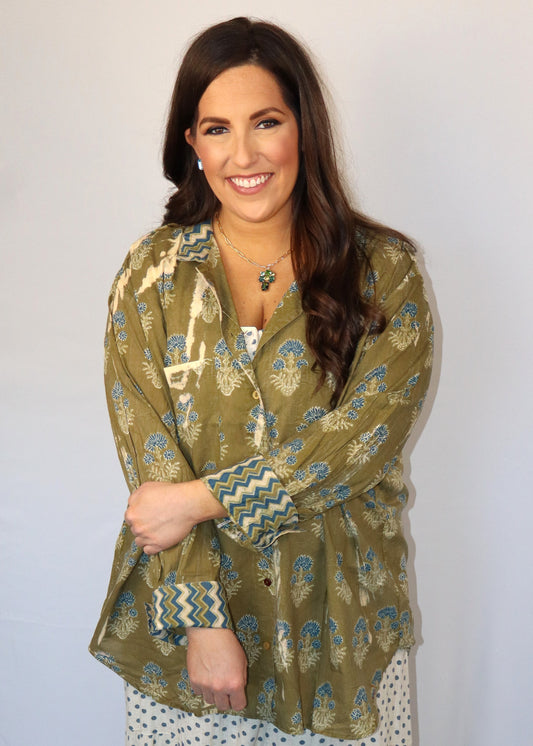 Peaceful Fields Button-Up Shirt - Olive Green with blue flowers