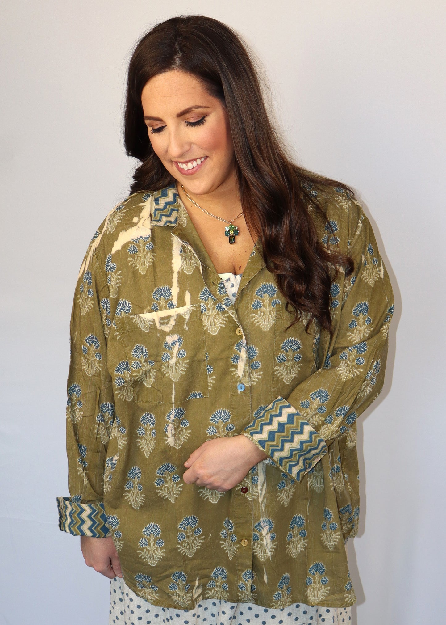 Peaceful Fields Button-Up Shirt - Olive Green with blue flowers