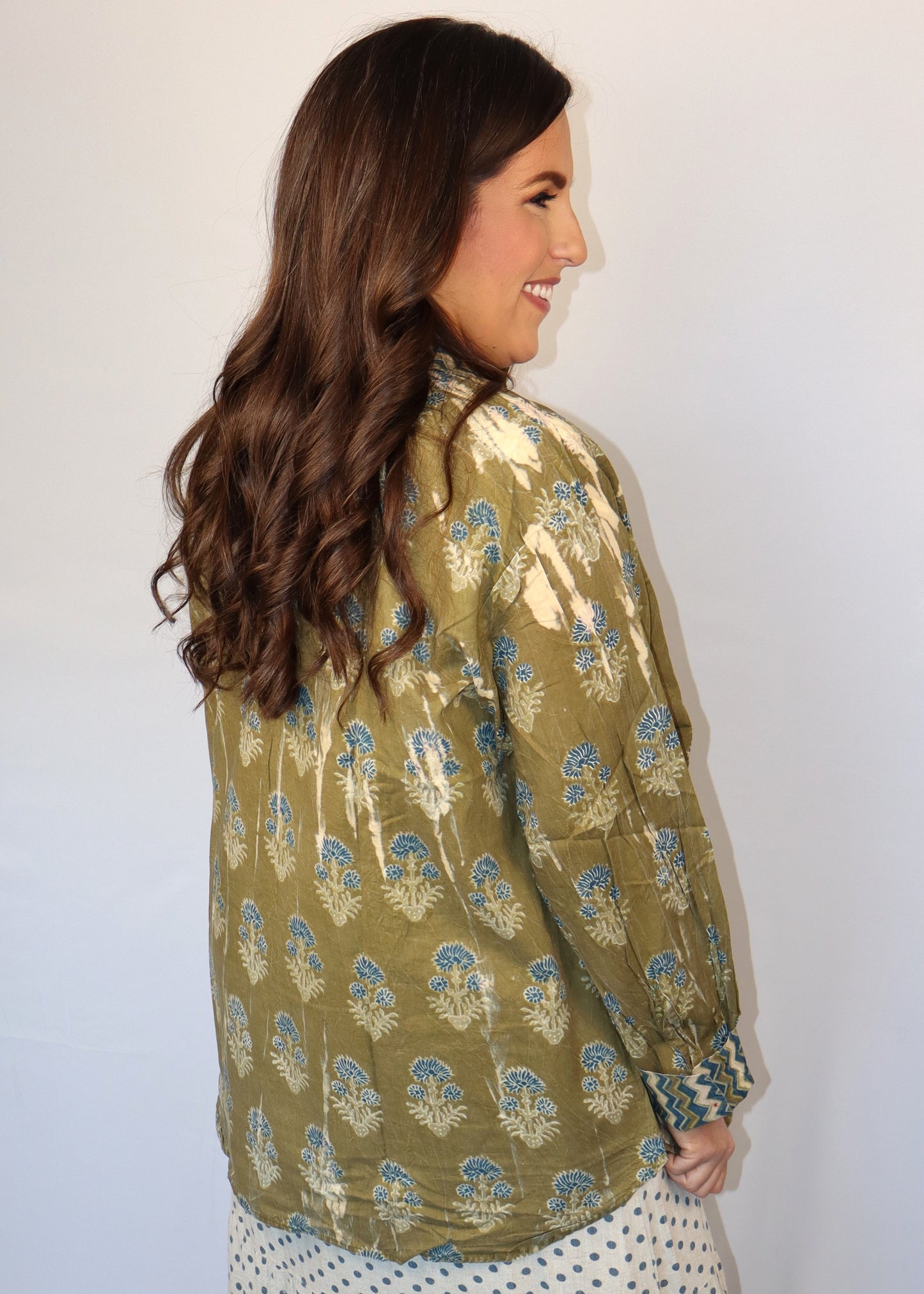 Peaceful Fields Button-Up Shirt - Olive Green with blue flowers