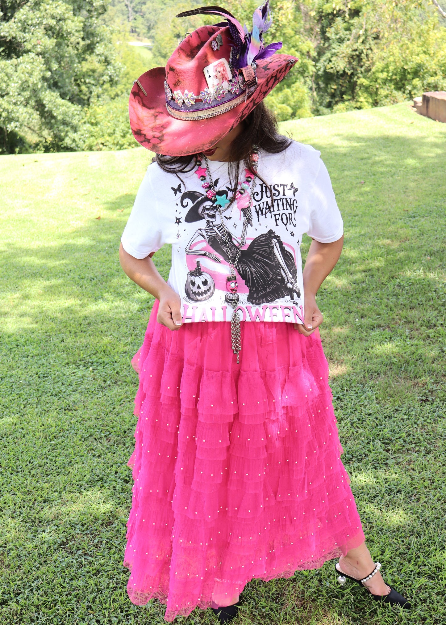 Pearl Embellished Maxi Tulle Skirt - Hot Pink