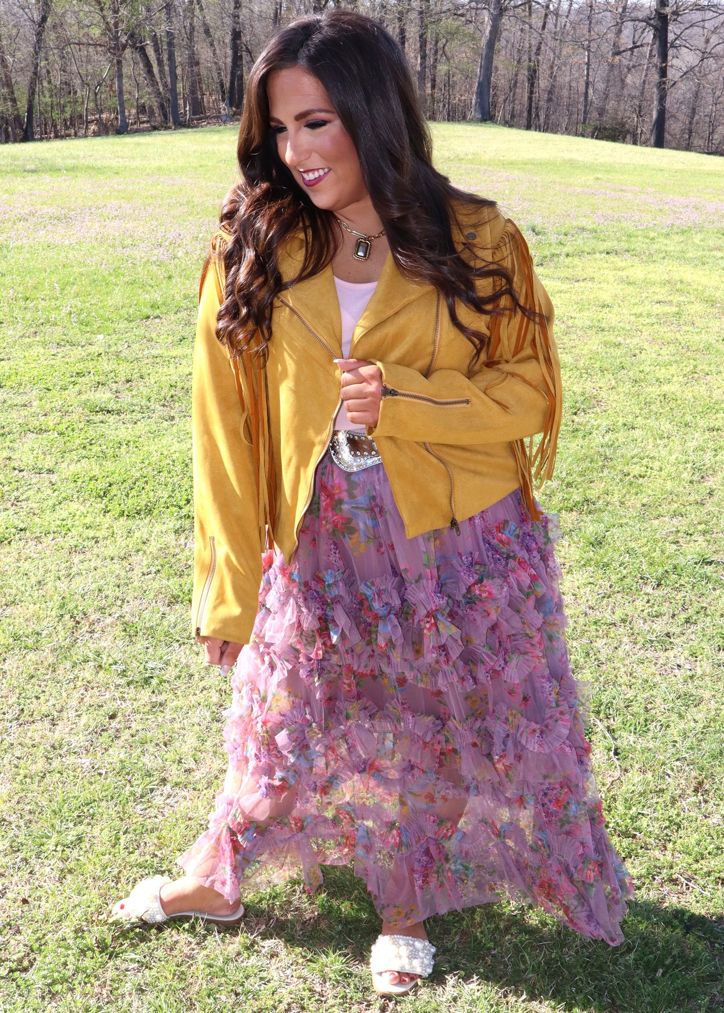 Fringe Back Suede Moto Jacket - Mustard