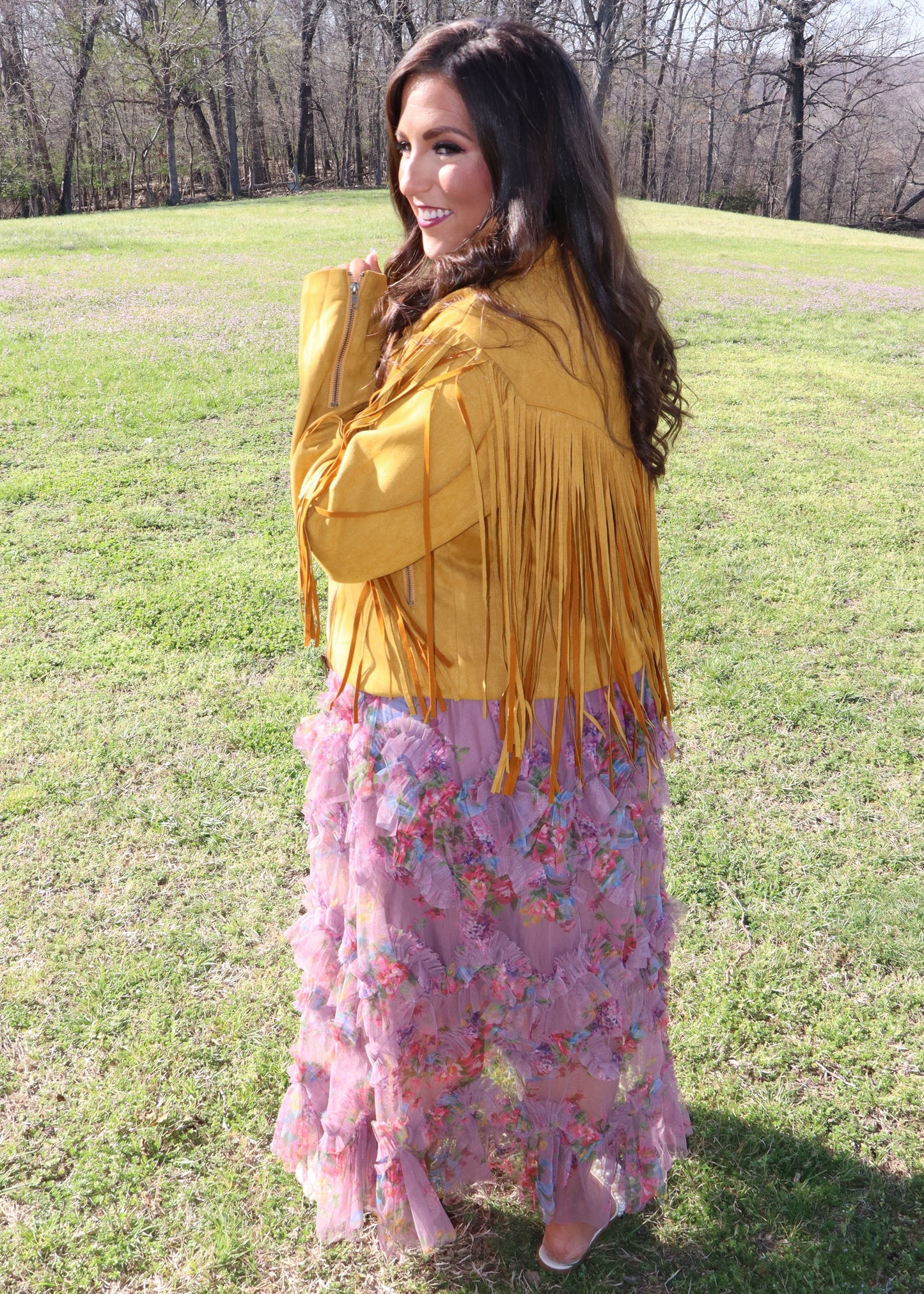 Fringe Back Suede Moto Jacket - Mustard