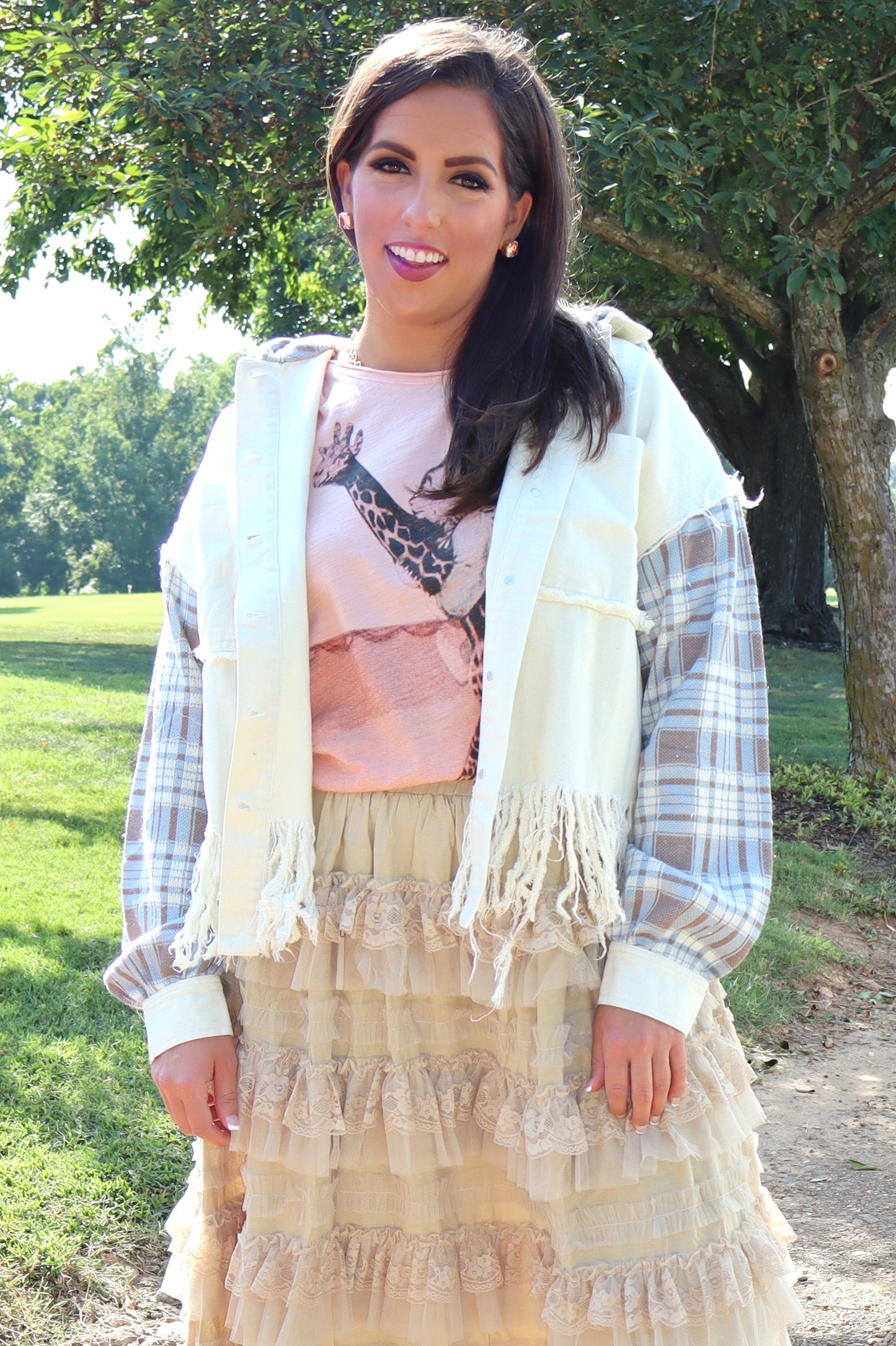 Plaid Sleeve Button Front Jacket - Cream Combo