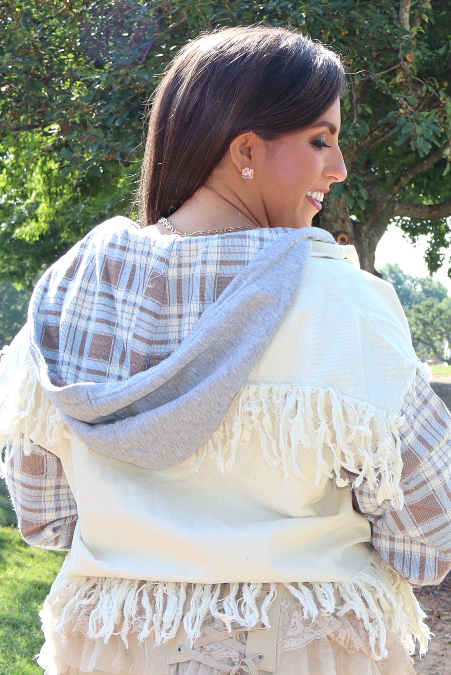 Plaid Sleeve Button Front Jacket - Cream Combo