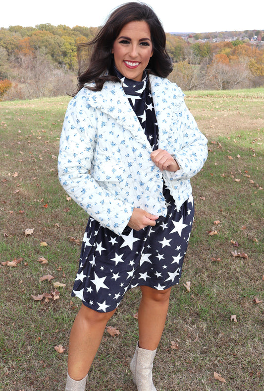 Precious Moments Blue Floral Jacket - Pearl White