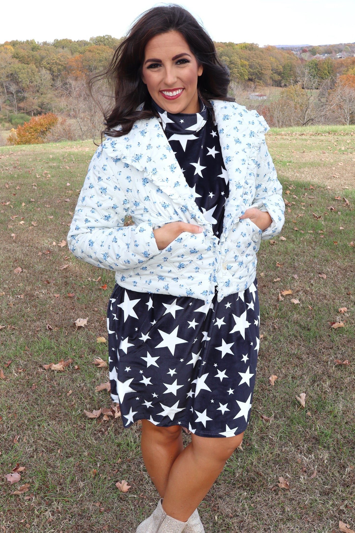 Precious Moments Blue Floral Jacket - Pearl White