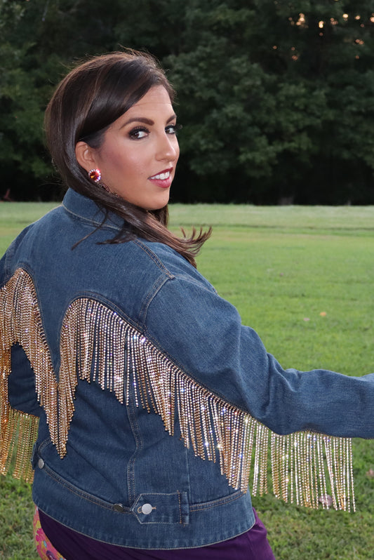 Rhinestone Gold Fringe Cowgirl - Dark Denim Jean Jacket