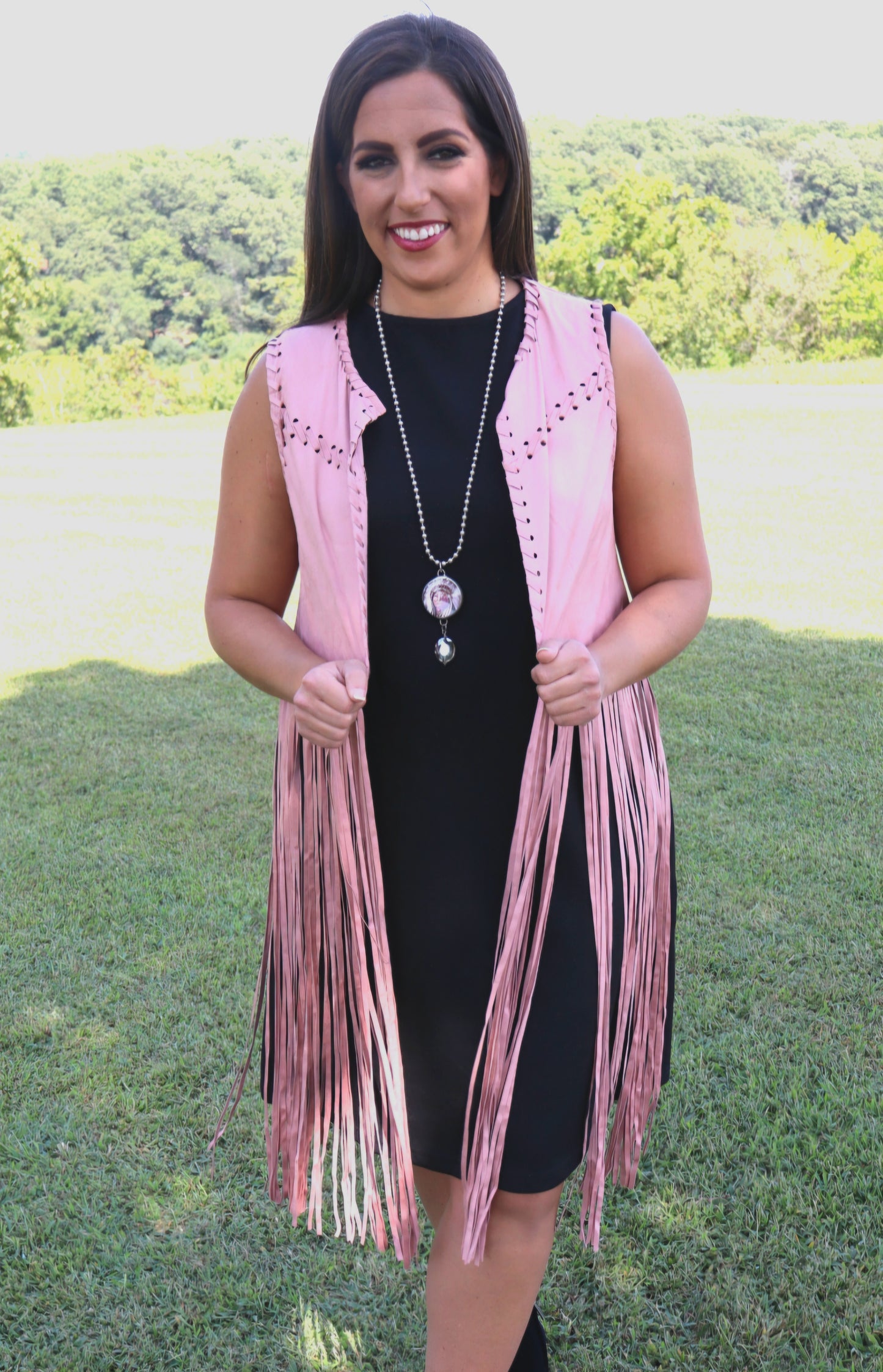 Let's Rodeo Long Suede Fringe Vest - Mauve Pink