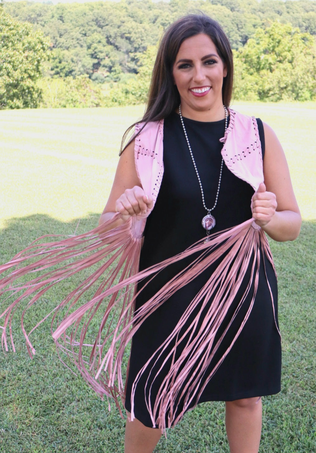 Let's Rodeo Long Suede Fringe Vest - Mauve Pink