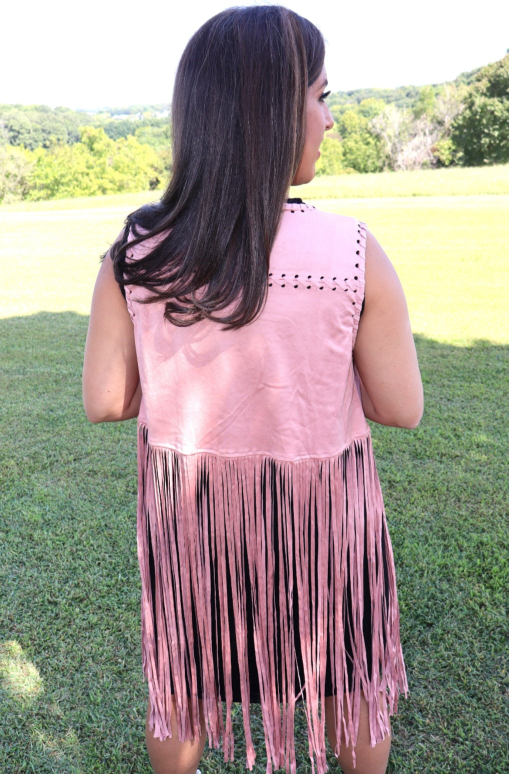 Let's Rodeo Long Suede Fringe Vest - Mauve Pink