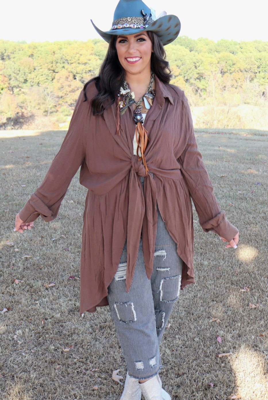 Tie Front Top - Mocha Brown