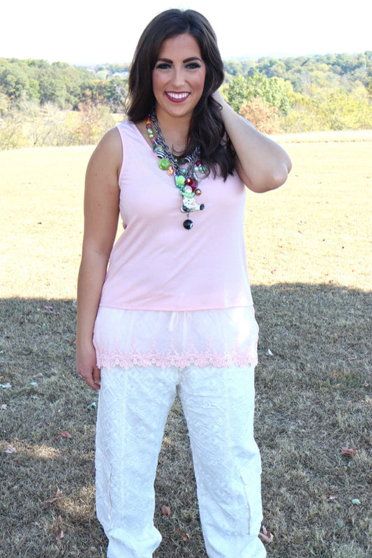 Lace Detail Solid Pink Tank Top