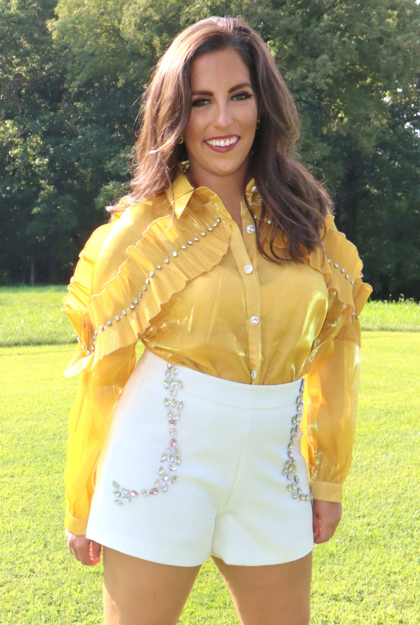 Mustard Gold Shimmer Ruffle Top