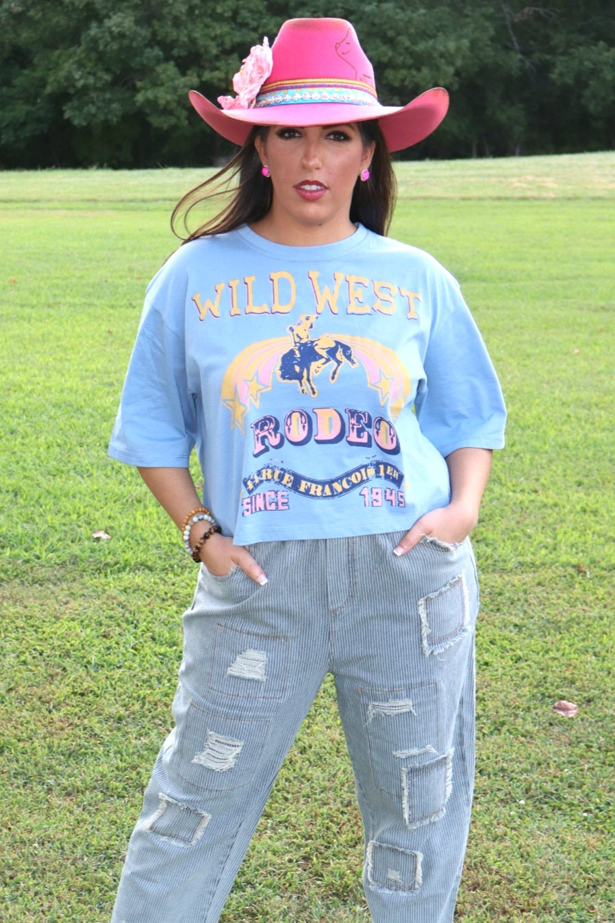 Western Graphic Crop T-Shirt - Denim Blue