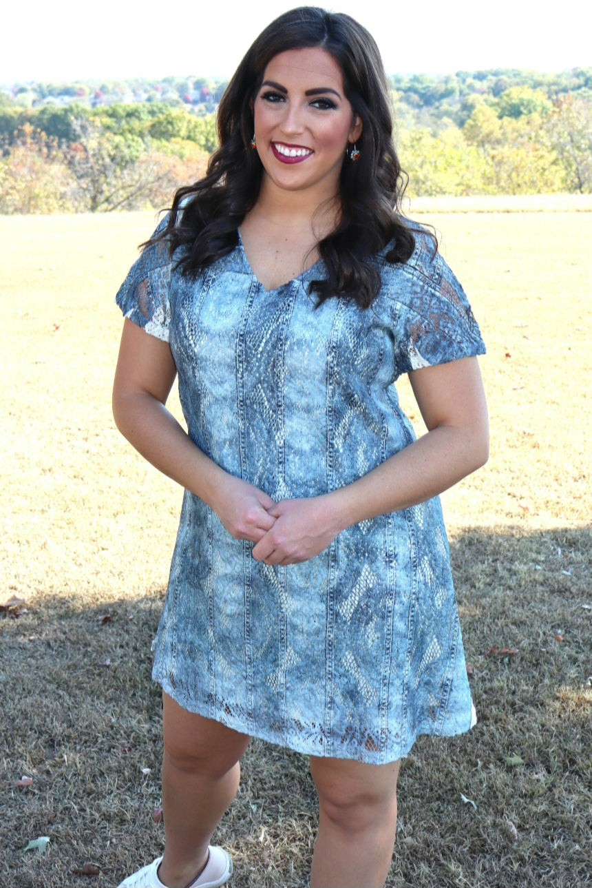 Denim Print V-Neck Short Dress