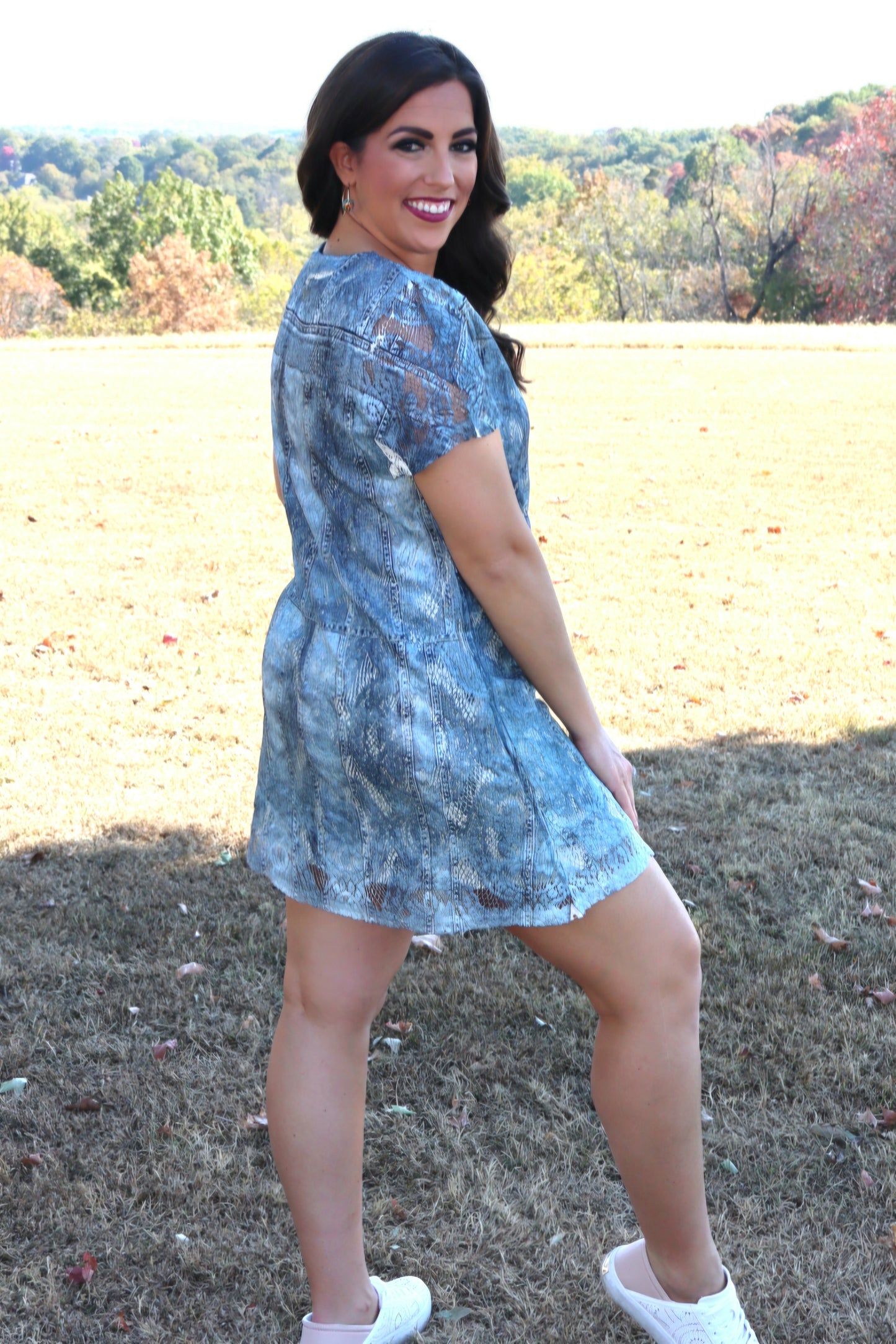 Denim Print V-Neck Short Dress