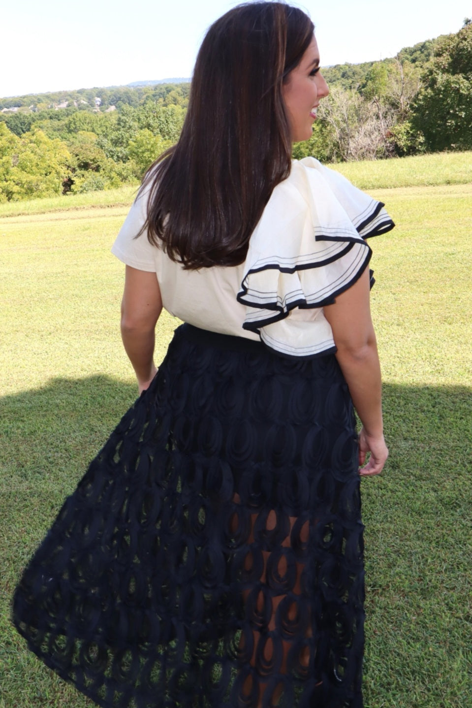 Ruffle Me Away Top w/ Black Trim