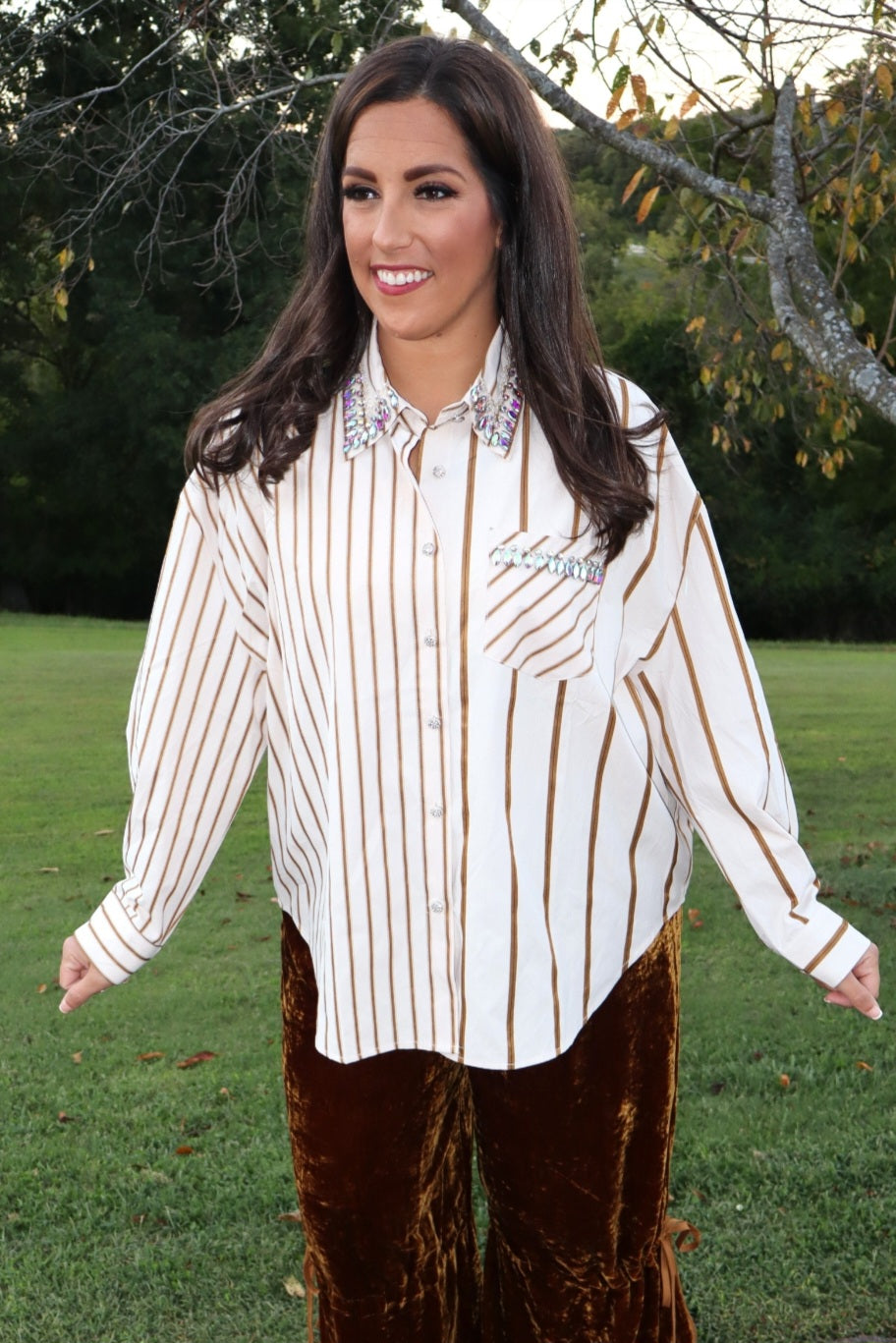 I Mean Business Button-Up - Gold Pinstripe