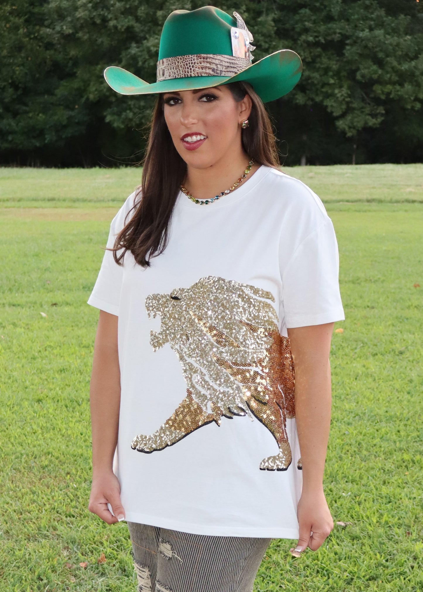 Sequin Embroidered Lion Graphic Tee - White