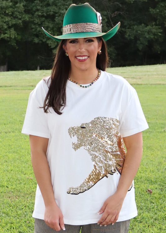 Sequin Embroidered Lion Graphic Tee - White