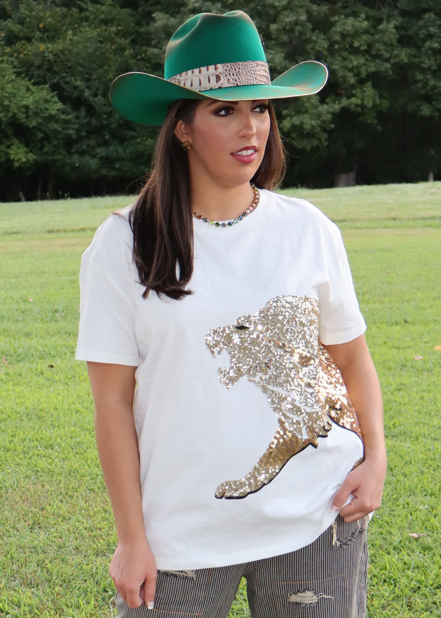Sequin Embroidered Lion Graphic Tee - White
