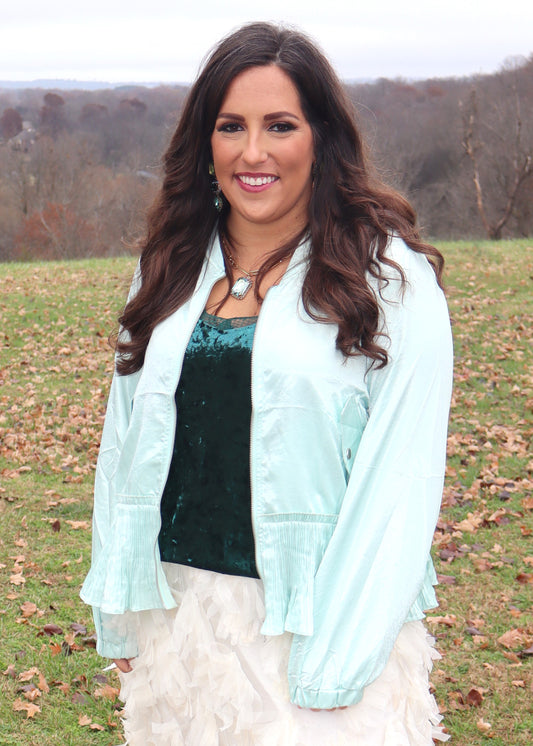 Shimmer and Shine Peplum Bomber Jacket - Ice Blue