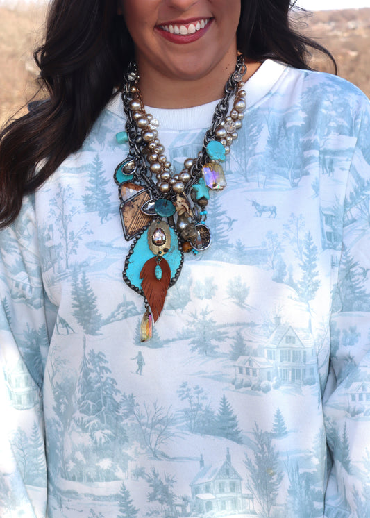 Ski Lodge Printed Sweatshirt - Dusty Blue