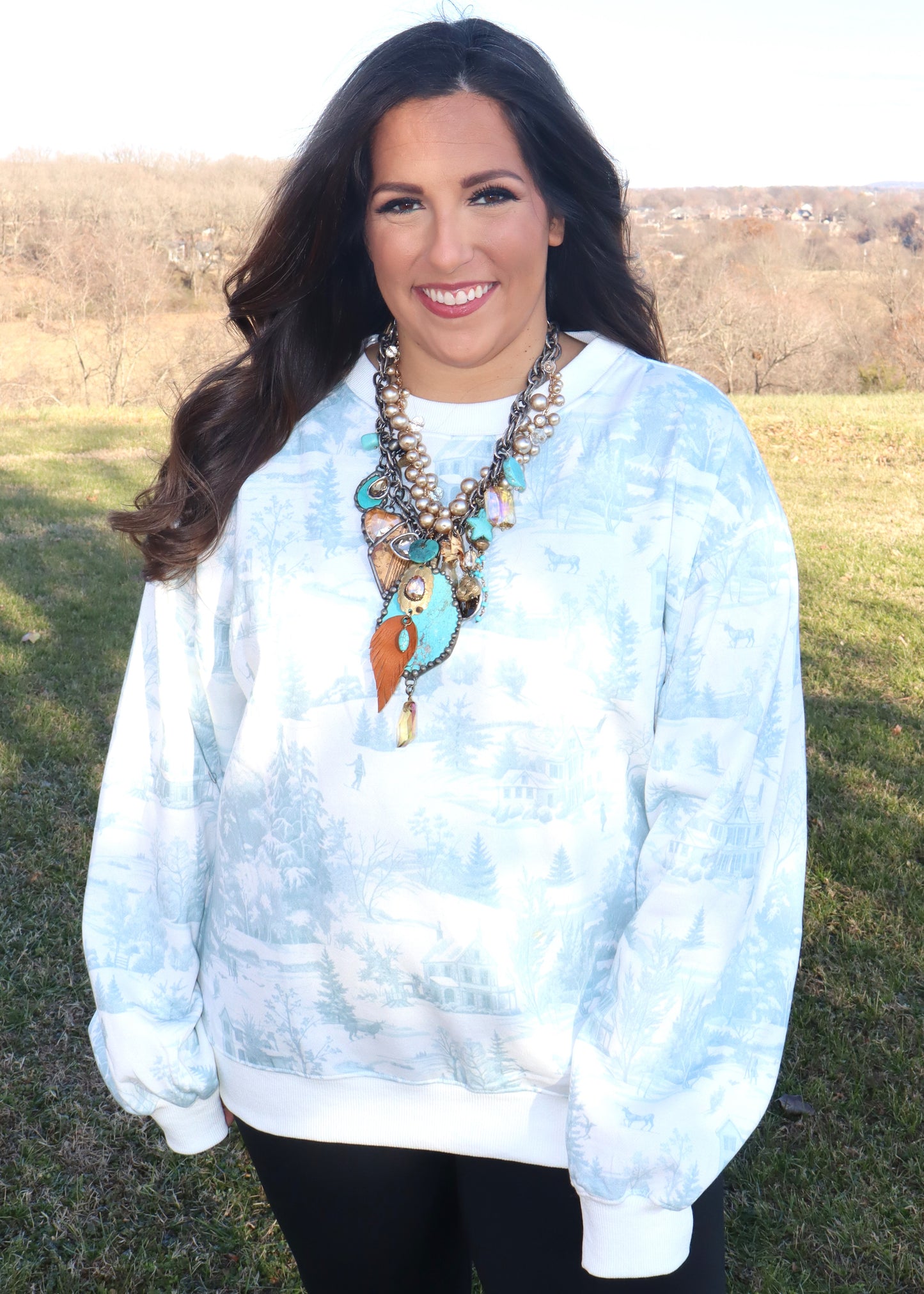 Ski Lodge Printed Sweatshirt - Dusty Blue