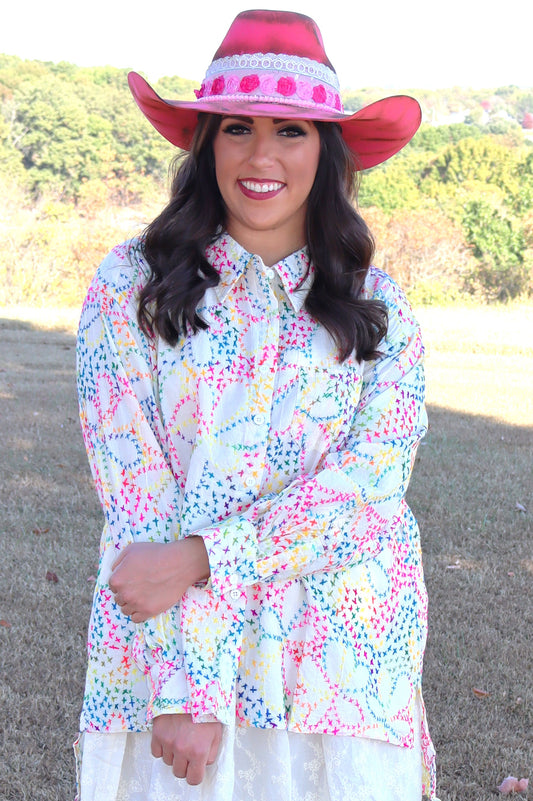 Splash Of Color Embroidered Top - Off-White