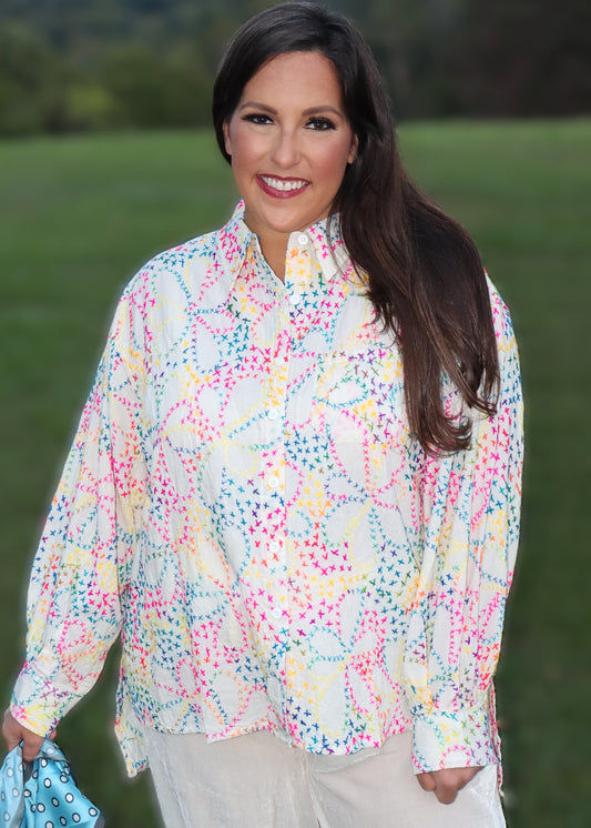 Splash Of Color Embroidered Top - Off-White