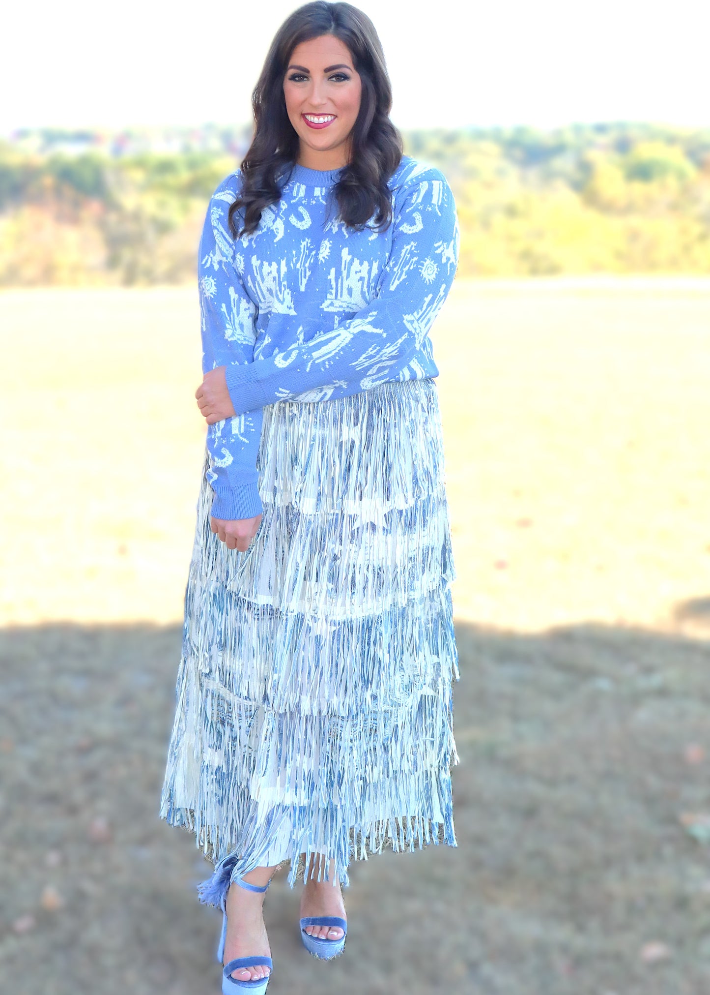 Stars Have Aligned Fringe Maxi Skirt - Denim Design