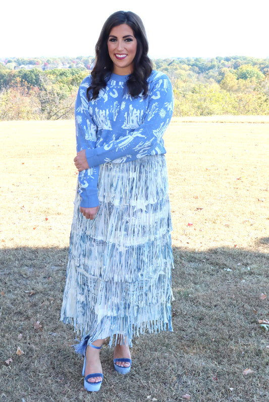 Stars Have Aligned Fringe Maxi Skirt - Denim Design