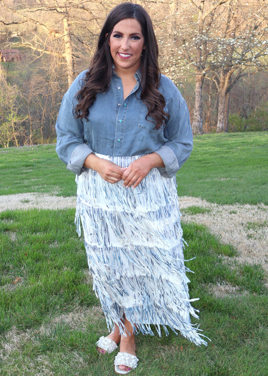 Stars Have Aligned Fringe Maxi Skirt - Denim Design