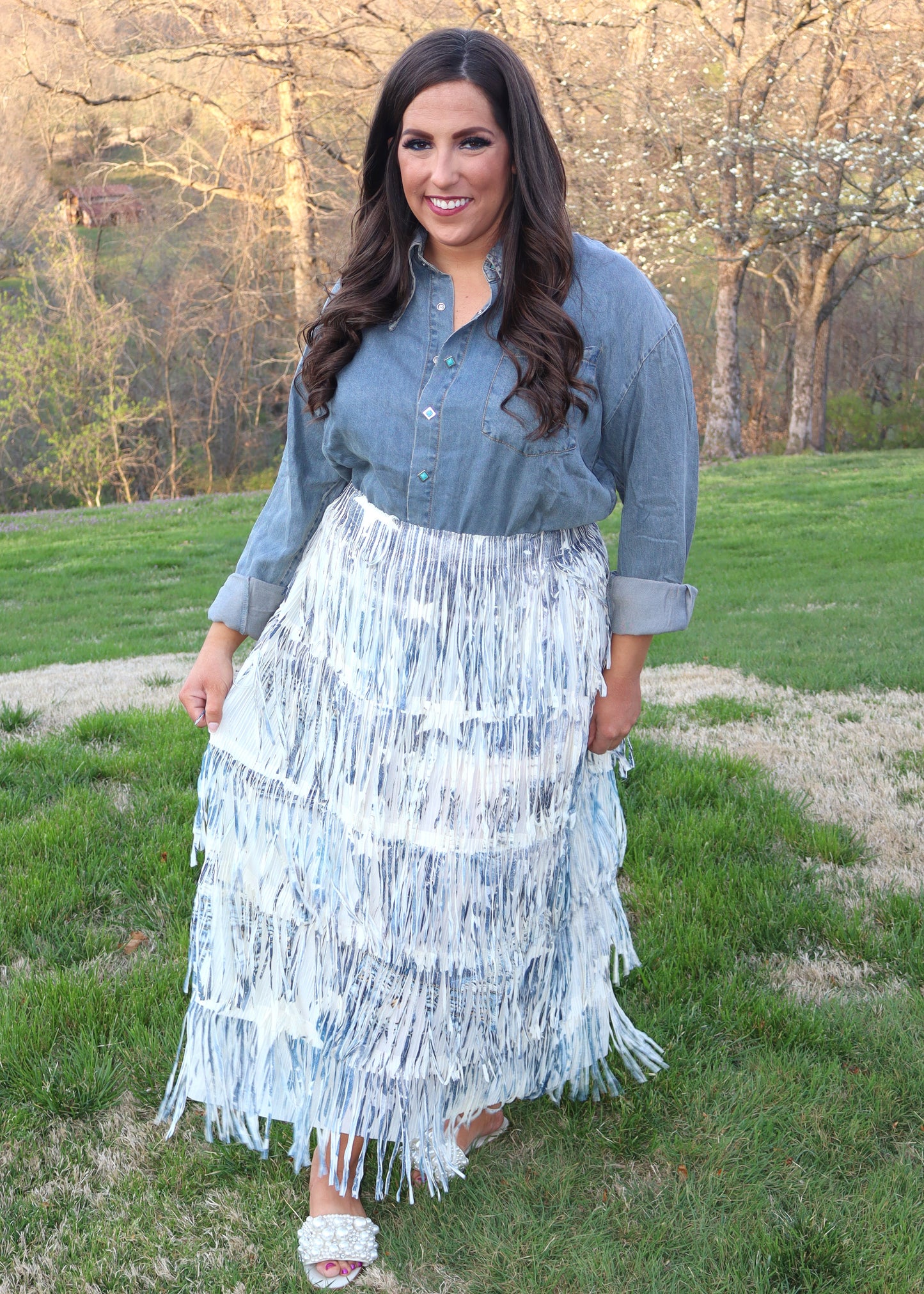 Stars Have Aligned Fringe Maxi Skirt - Denim Design