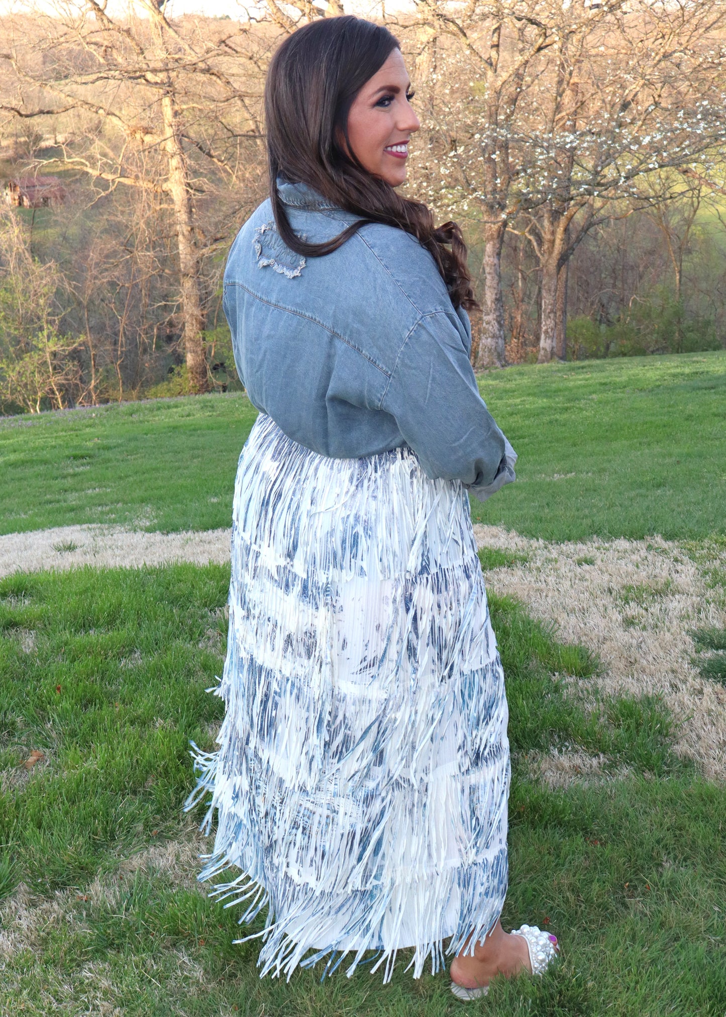 Stars Have Aligned Fringe Maxi Skirt - Denim Design