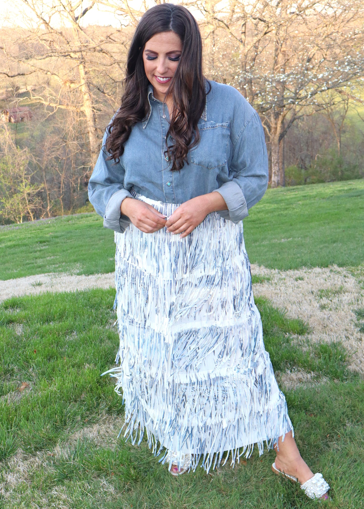 Stars Have Aligned Fringe Maxi Skirt - Denim Design