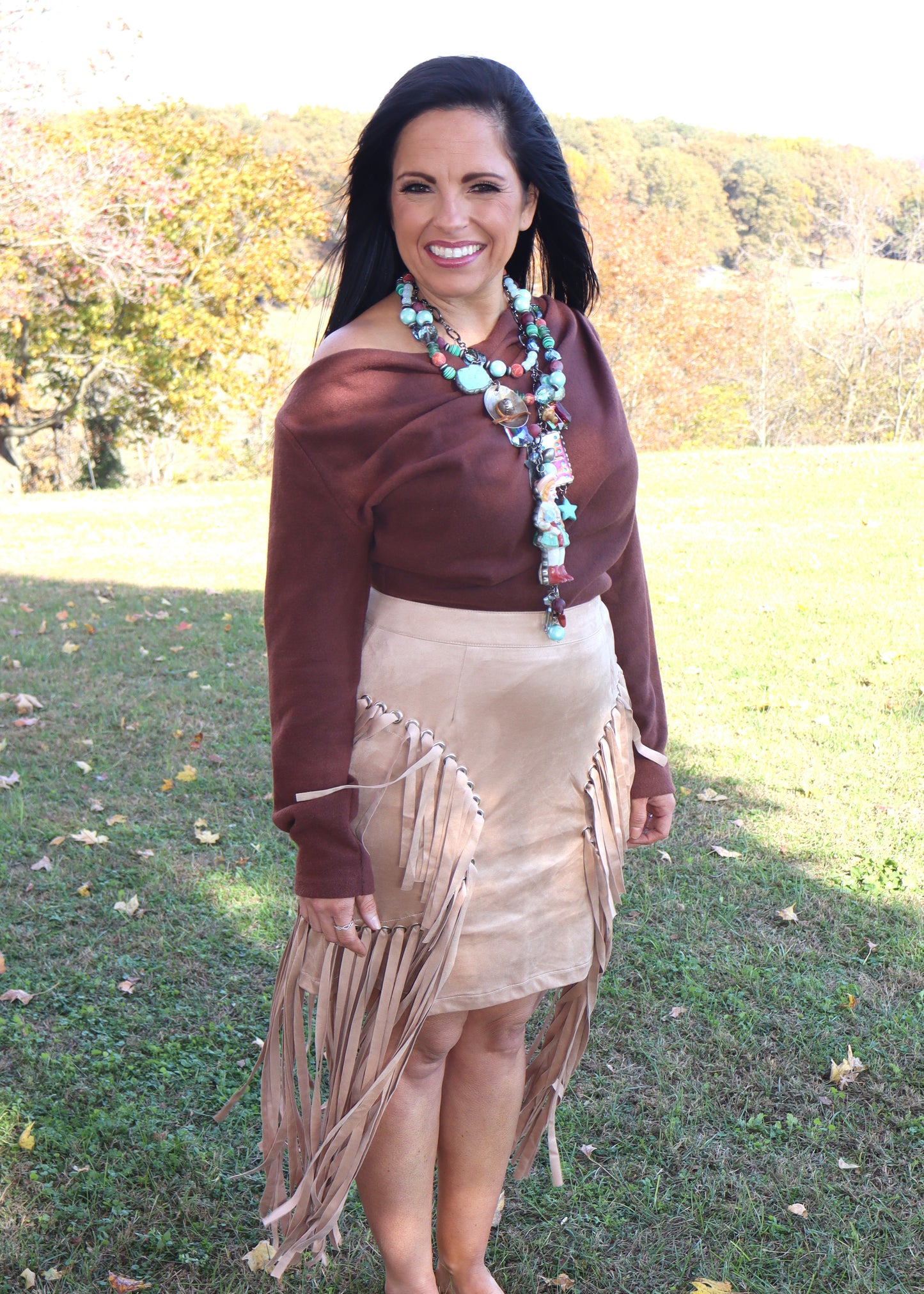 Suede Eyelet Long Fringe Mini Skirt - Beige