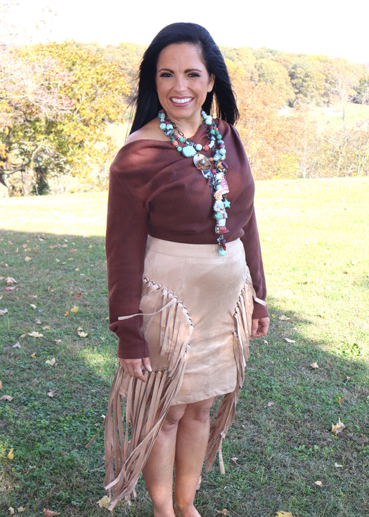 Suede Eyelet Long Fringe Mini Skirt - Beige