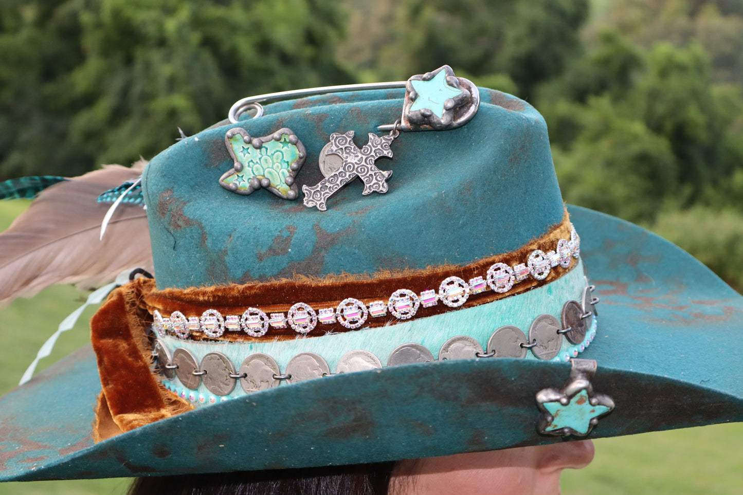 The Peacock Cowboy Hat - Turquoise - Size Large