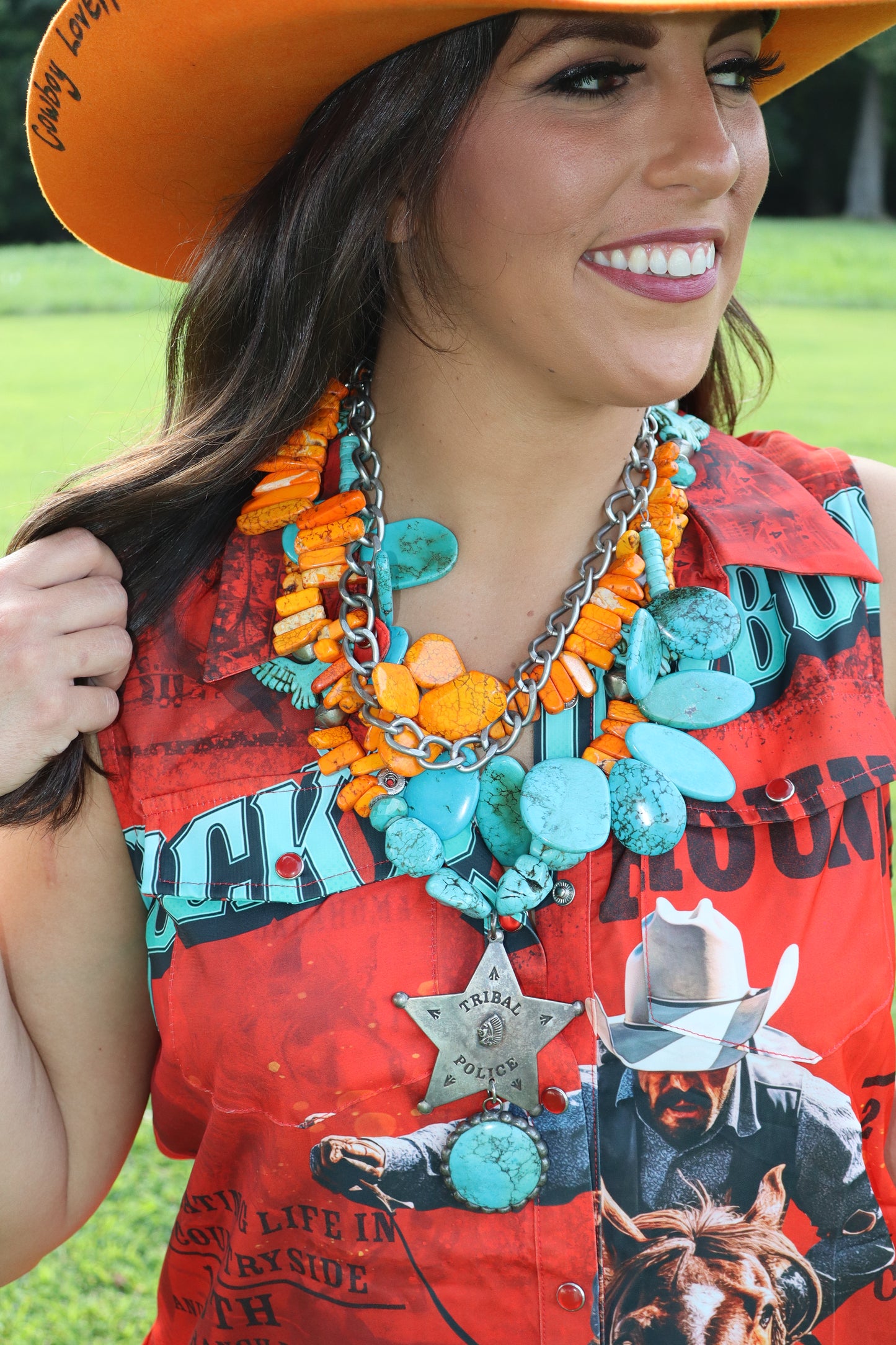 Tribal Police Orange and Turquoise Necklace