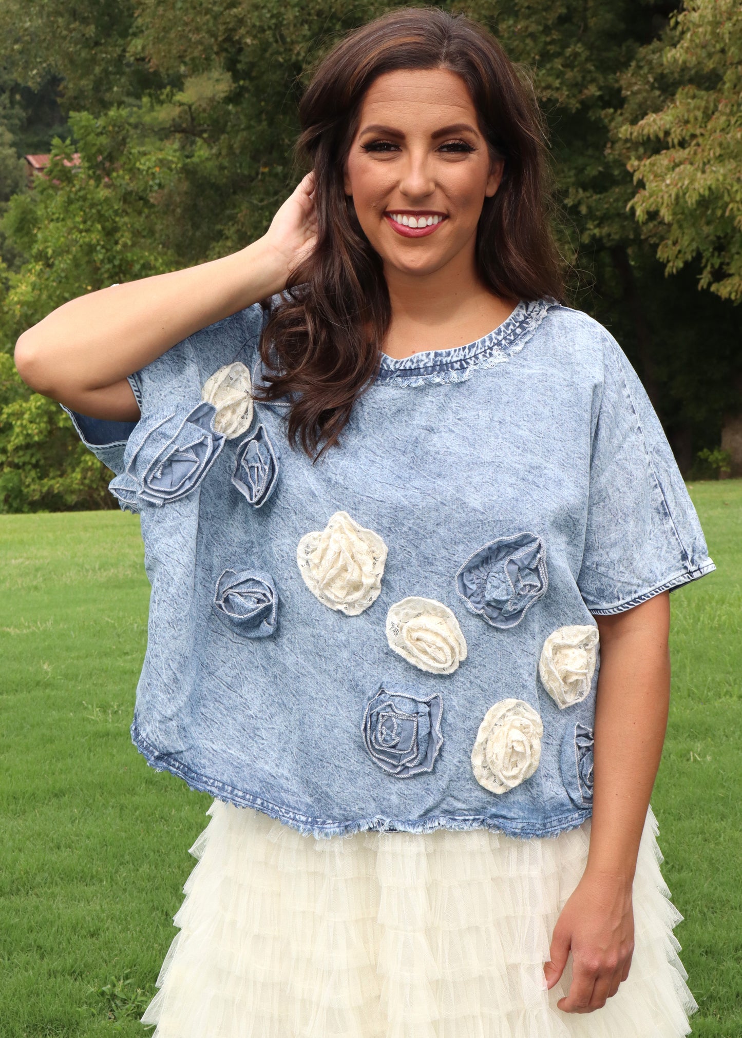 Washed 3D Flower Woven Top - Denim