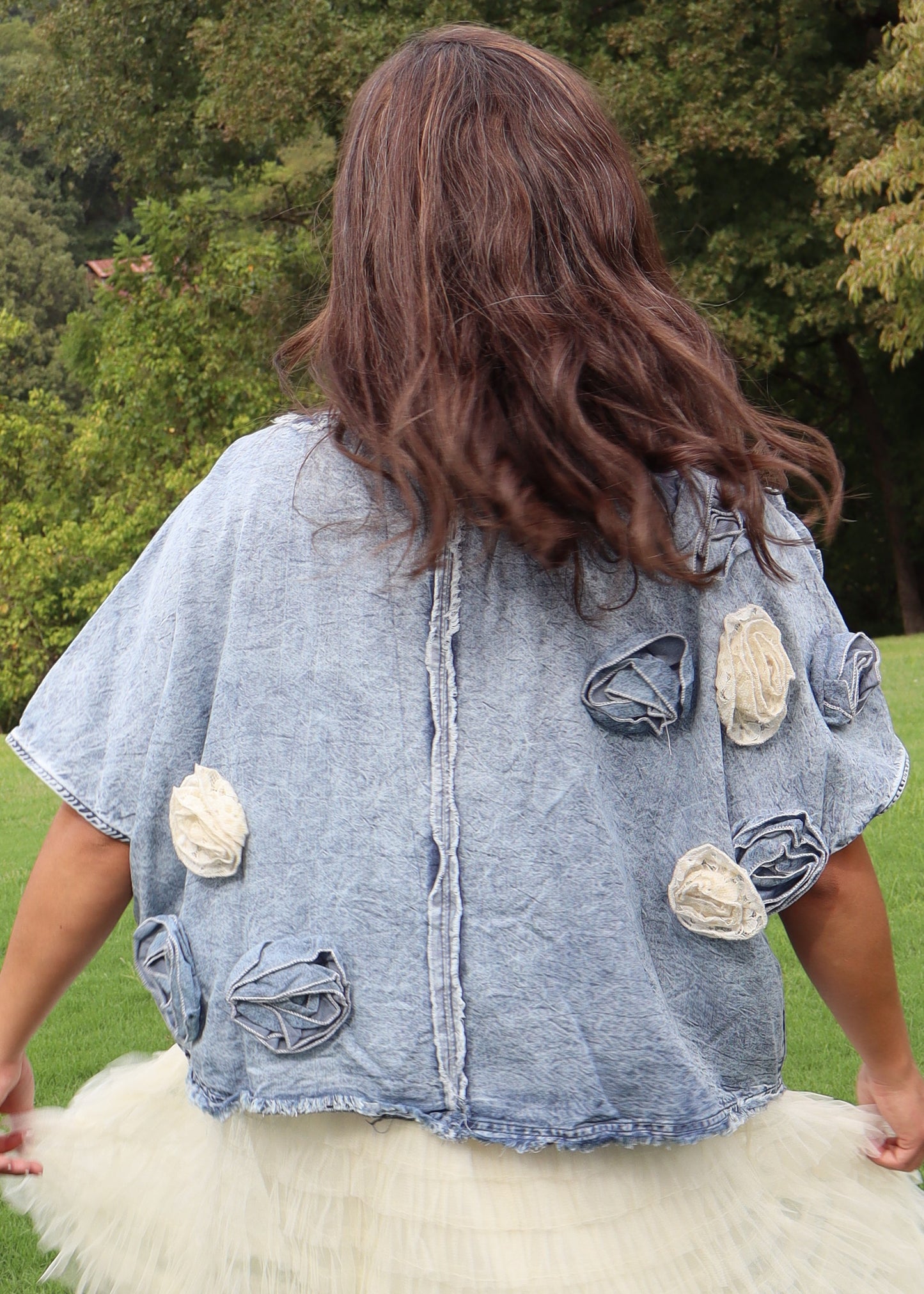 Washed 3D Flower Woven Top - Denim