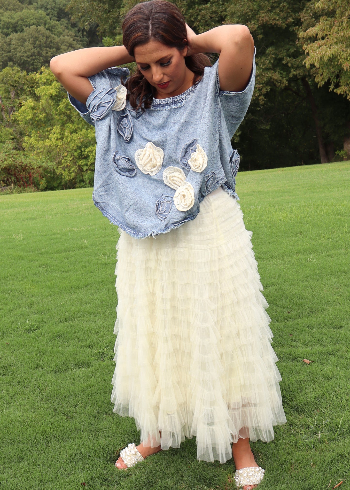 Washed 3D Flower Woven Top - Denim