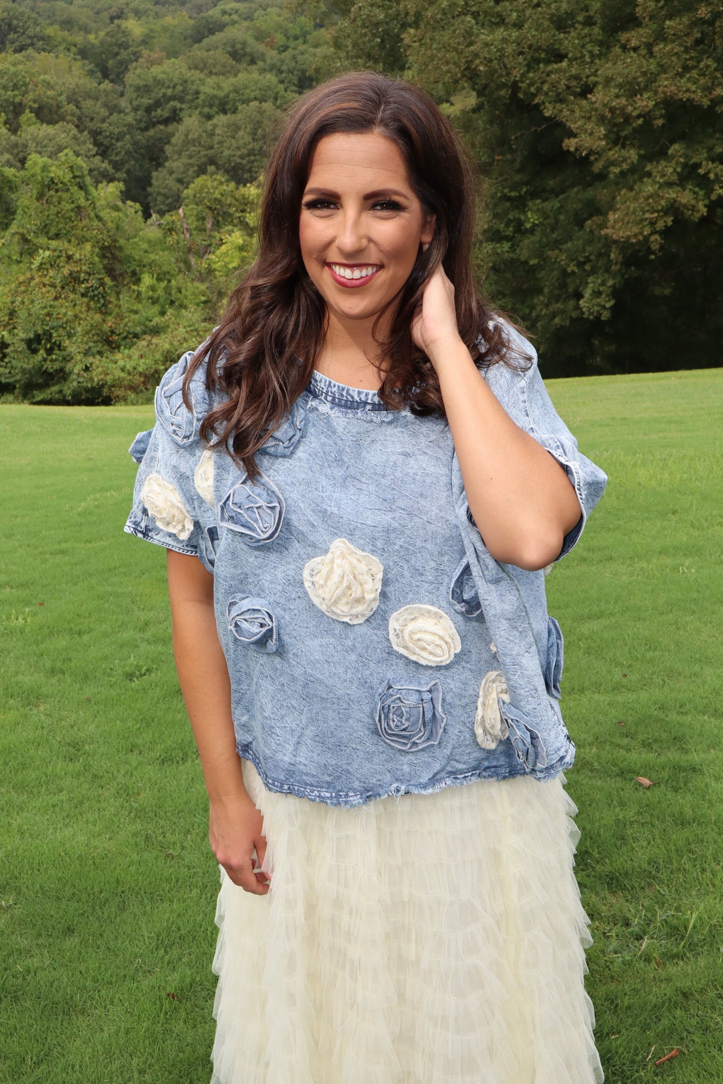 Washed 3D Flower Woven Top - Denim