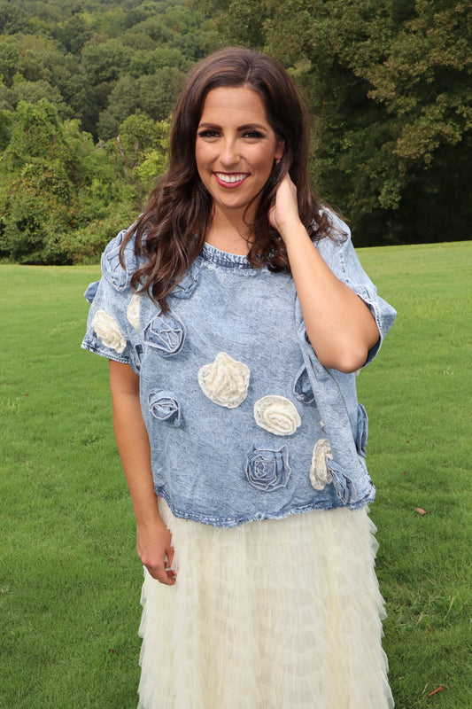 Washed 3D Flower Woven Top - Denim