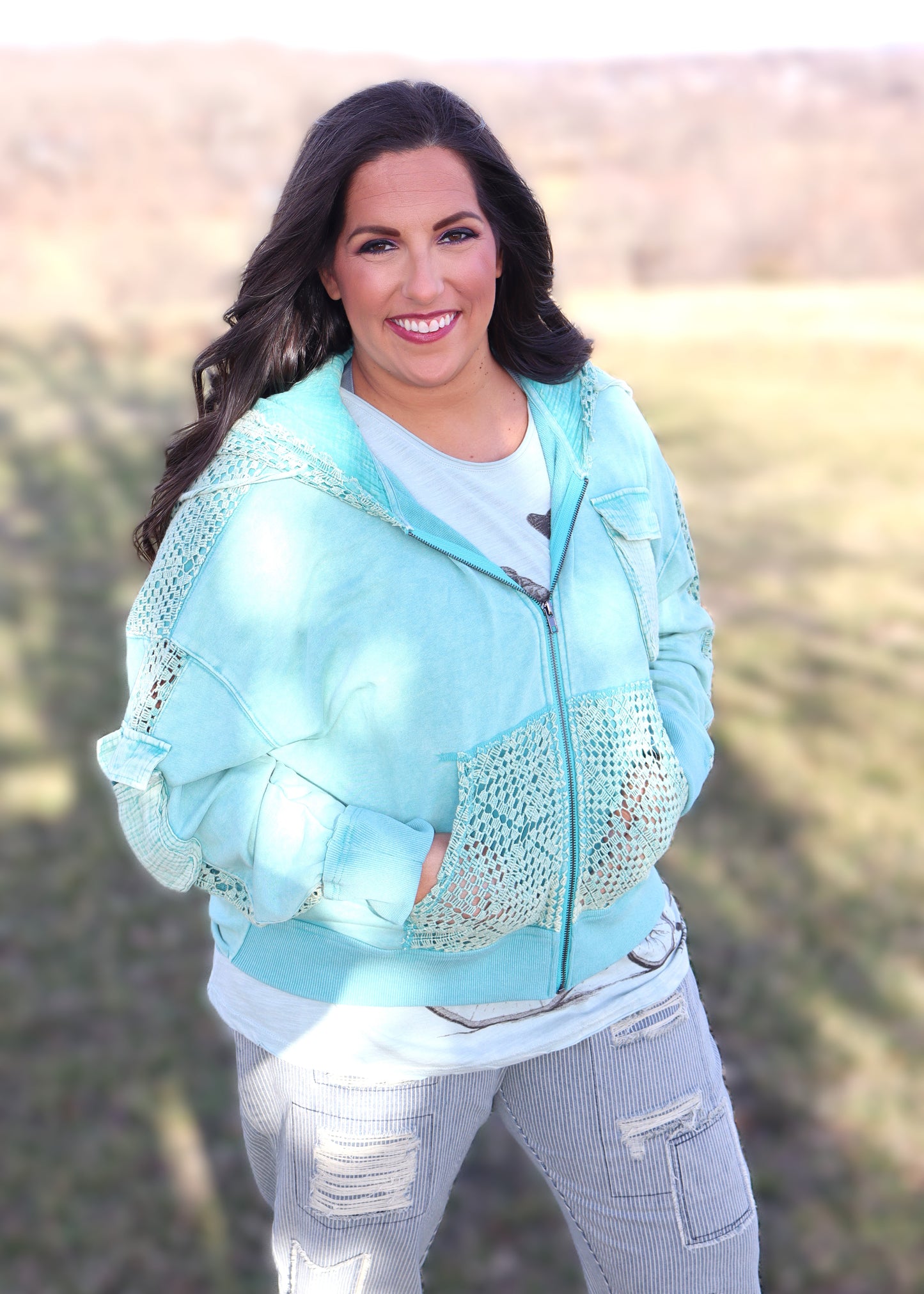 Washed Back Twist Hoodie Zip Up - Mint