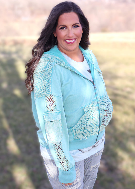 Washed Back Twist Hoodie Zip Up - Mint