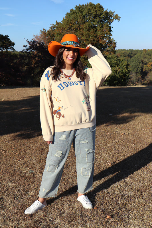 Western Graphic Howdy Sweatshirt - Taupe