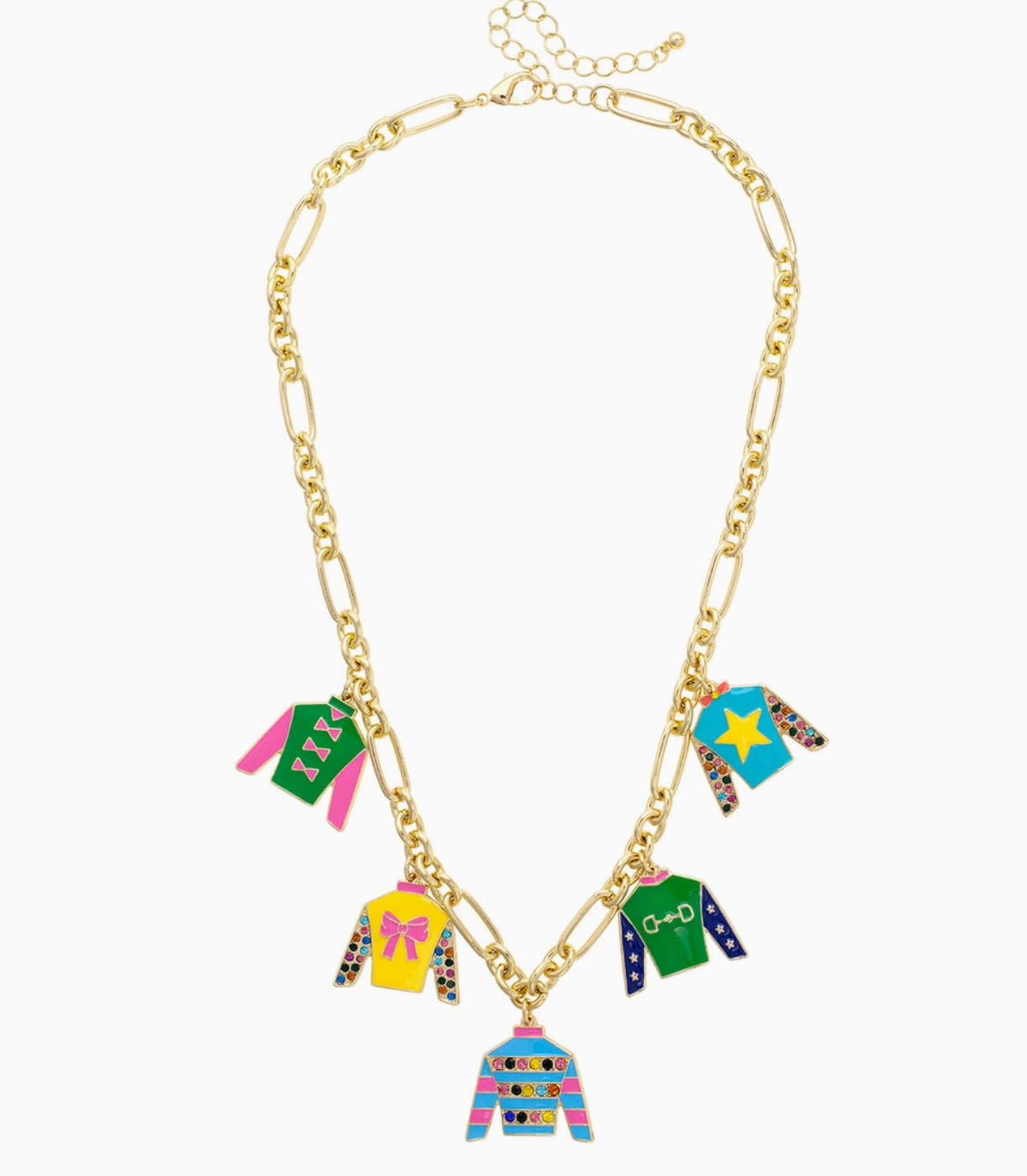 Necklace with colorful jockey silks charms on a gold chain against a white background